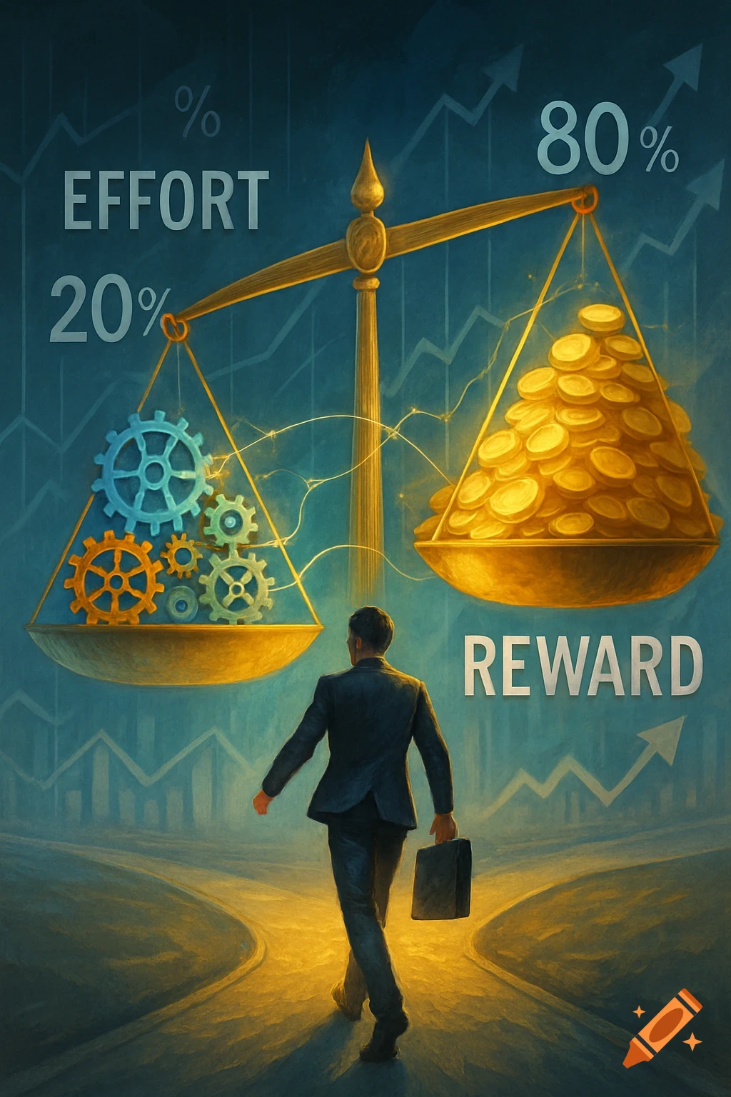 A man walks towards a scale balancing 'EFFORT 20%' with gears and 'REWARD 80%' with gold coins, against a financial graph background.