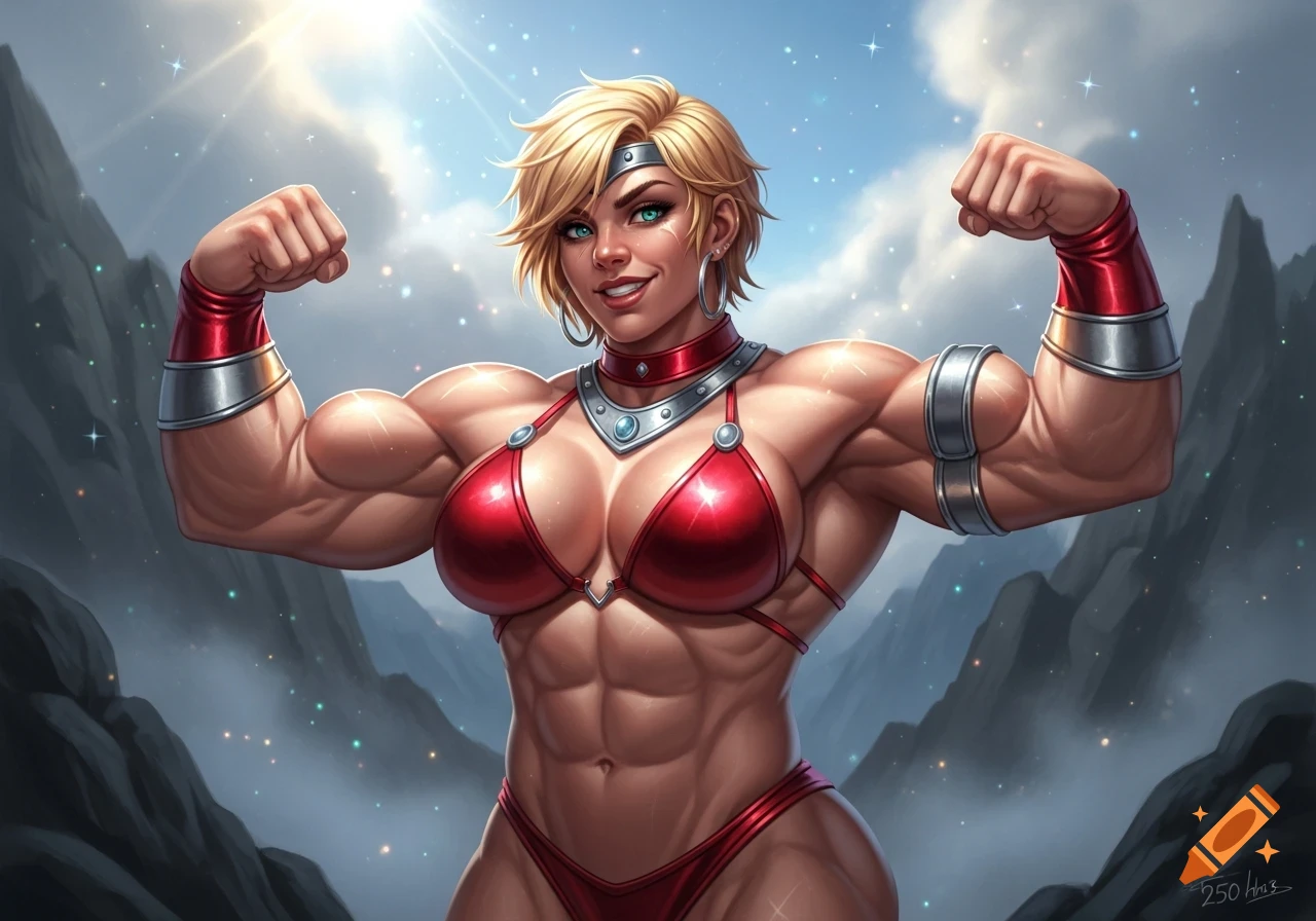 A muscular blonde female barbarian, wearing a red metallic bikini and armbands, flexes her biceps in a fantasy mountain landscape.