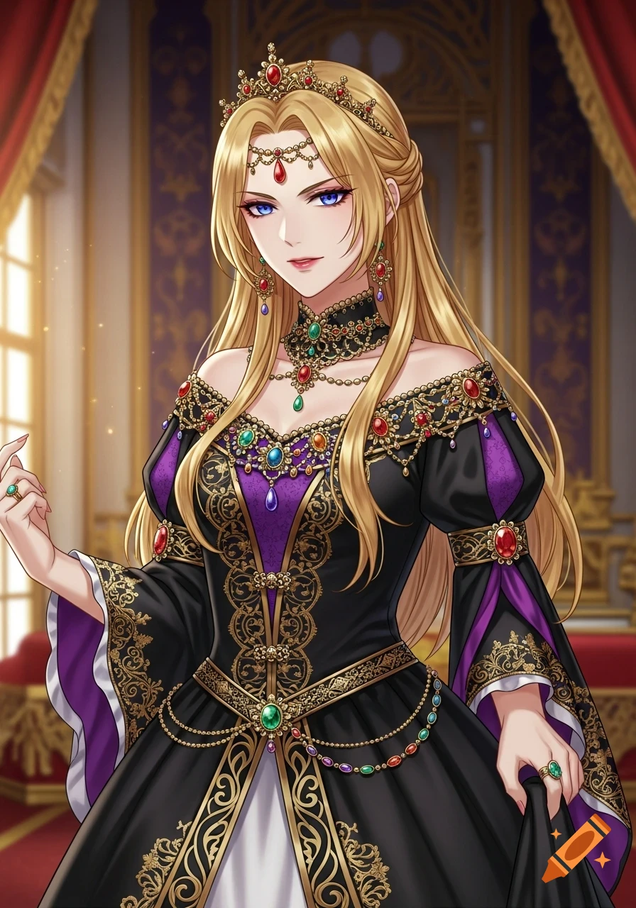 An anime imperial princess with golden hair and sapphire eyes, wearing a black, gold, and purple jeweled gown and crown, with an opulent background.