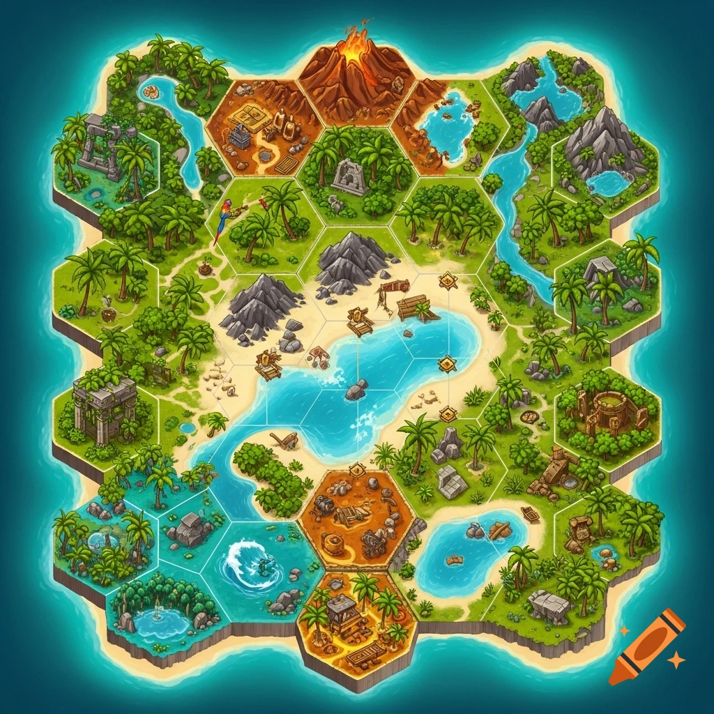 An isometric board game map of a tropical island divided into hexagonal tiles, featuring volcanoes, beaches, rivers, ancient ruins, and palm trees.