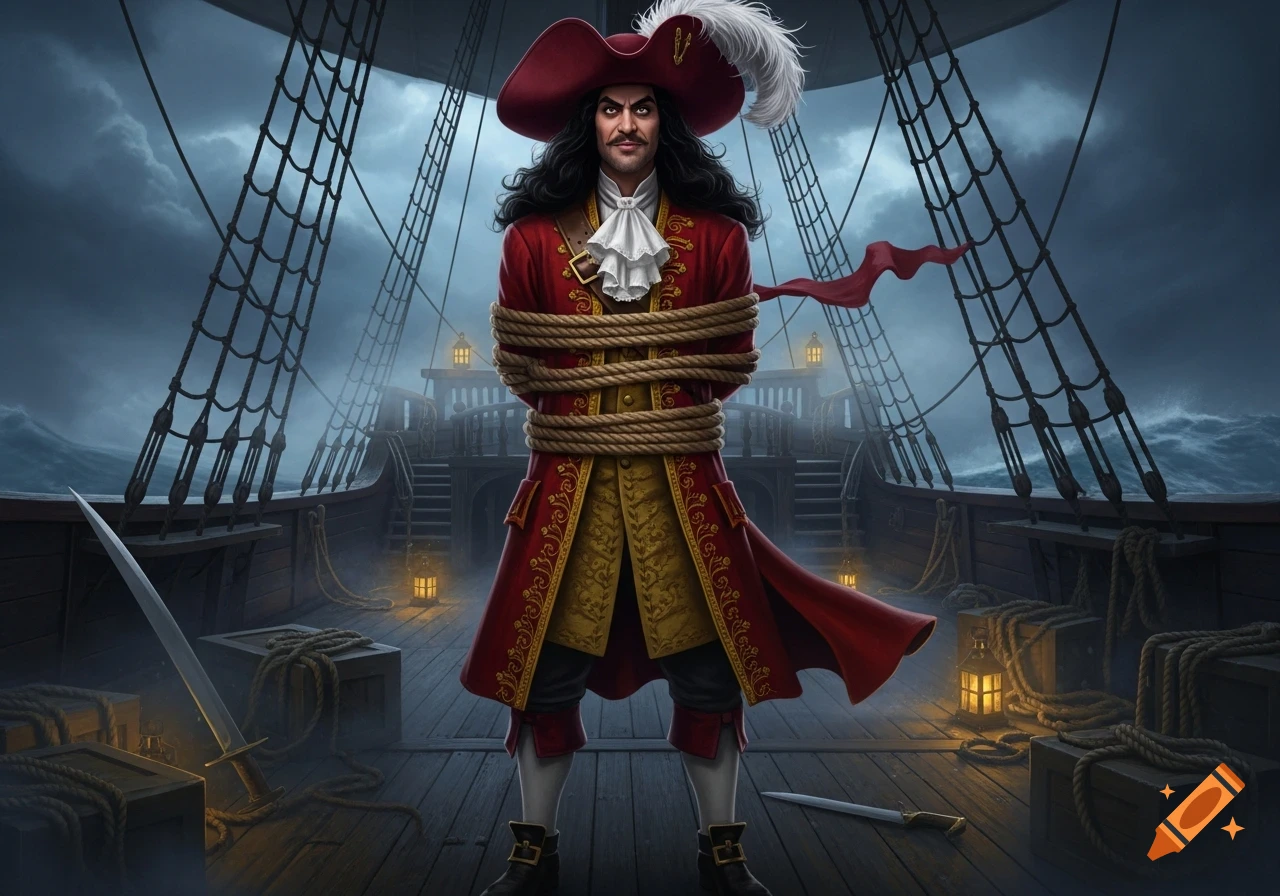 A man resembling Captain Hook, tied with rope, stands on the deck of a pirate ship amidst a stormy sea.