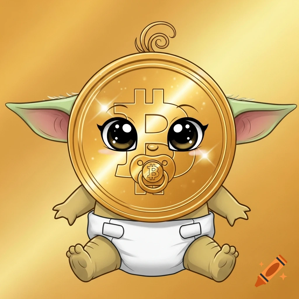 A cute baby Bitcoin character with large sparkling anime eyes, tiny arms, legs, a white diaper, and a pacifier, against a golden background.