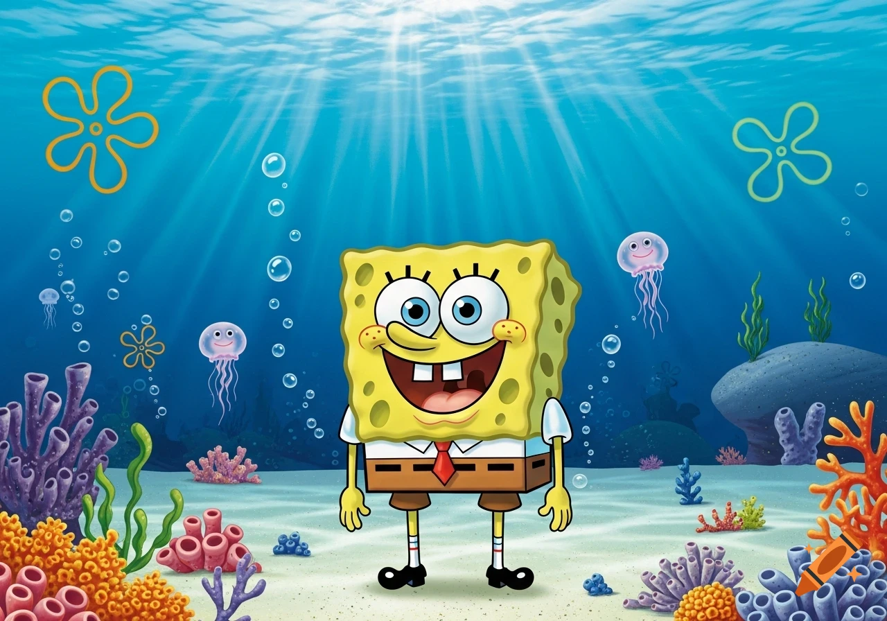 Smiling Spongebob Squarepants stands underwater amidst colorful coral, rocks, and jellyfish, with sunlight rays filtering from above.