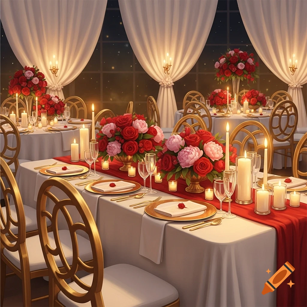 Elegant wedding reception tables with red floral centerpieces, candles, and gold chairs under draped white curtains.