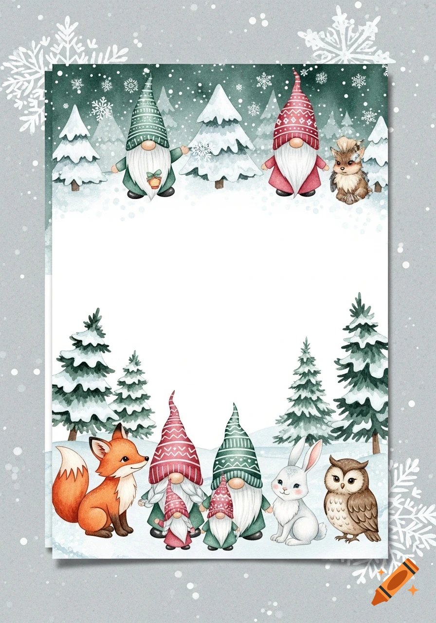 Watercolor A4 stationery template with winter gnomes, a fox, rabbit, owl, and hedgehog in a snowy forest.