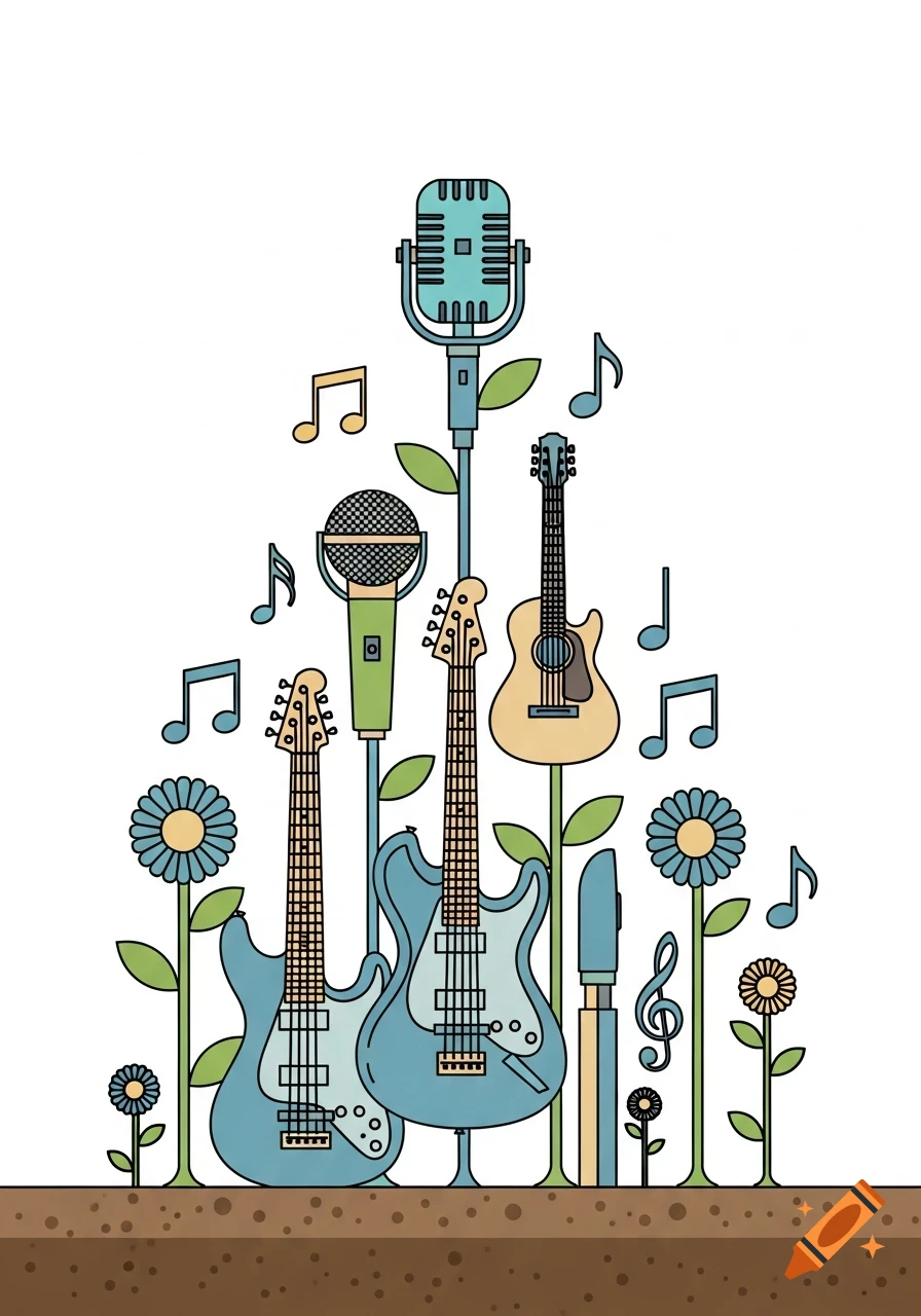 Stylized illustration of musical instruments and notes growing like plants from the earth, surrounded by simple flowers.