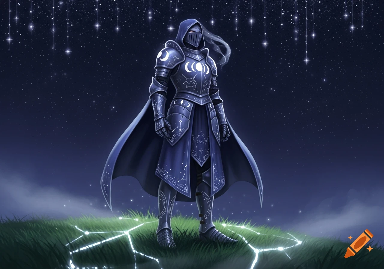 A knight in dark blue armor with moon and star motifs stands on a glowing grassy hill under a starry night sky.