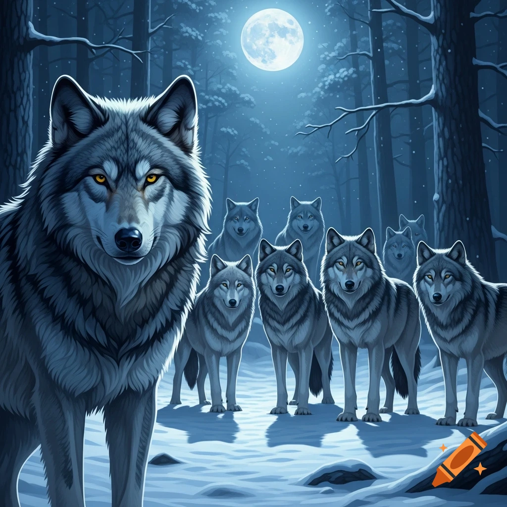 A stylized illustration of a pack of gray wolves standing in a snowy winter forest under a full moon.