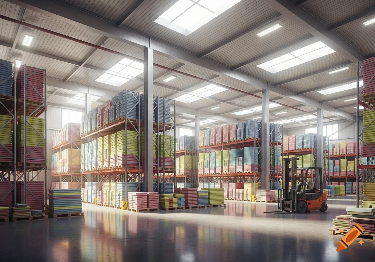 Photorealistic image of a brightly lit warehouse interior with tall shelves stacked with colorful boxes and a forklift.