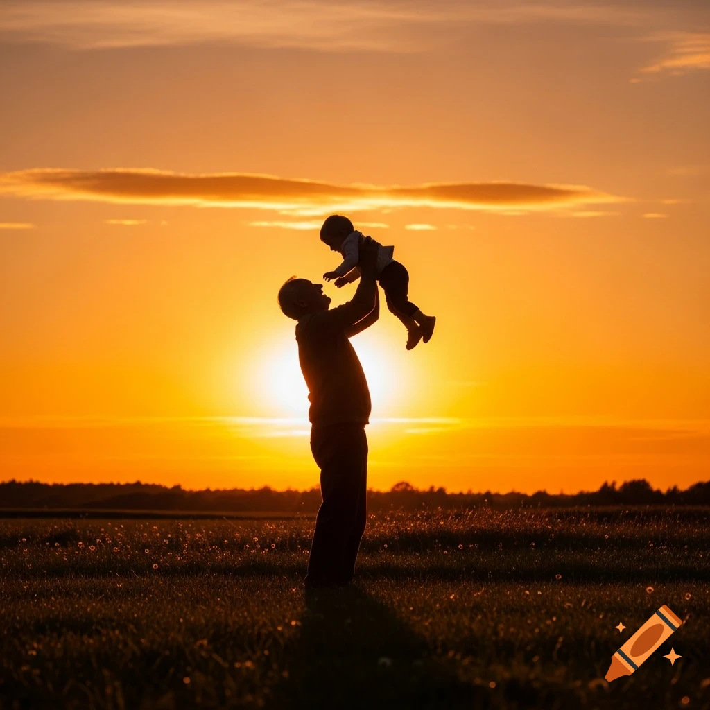 Silhouette of a man lifting a child high in the air against a vibrant orange and yellow sunset in a grassy field.