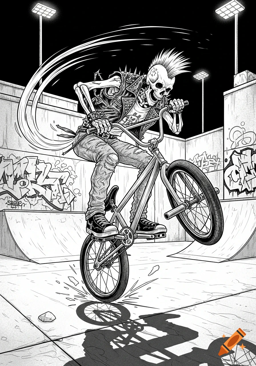 A black and white sketch depicts a punk skeleton with a mohawk and spiked jacket performing a wheelie on a BMX bike in a graffiti-covered skatepark.