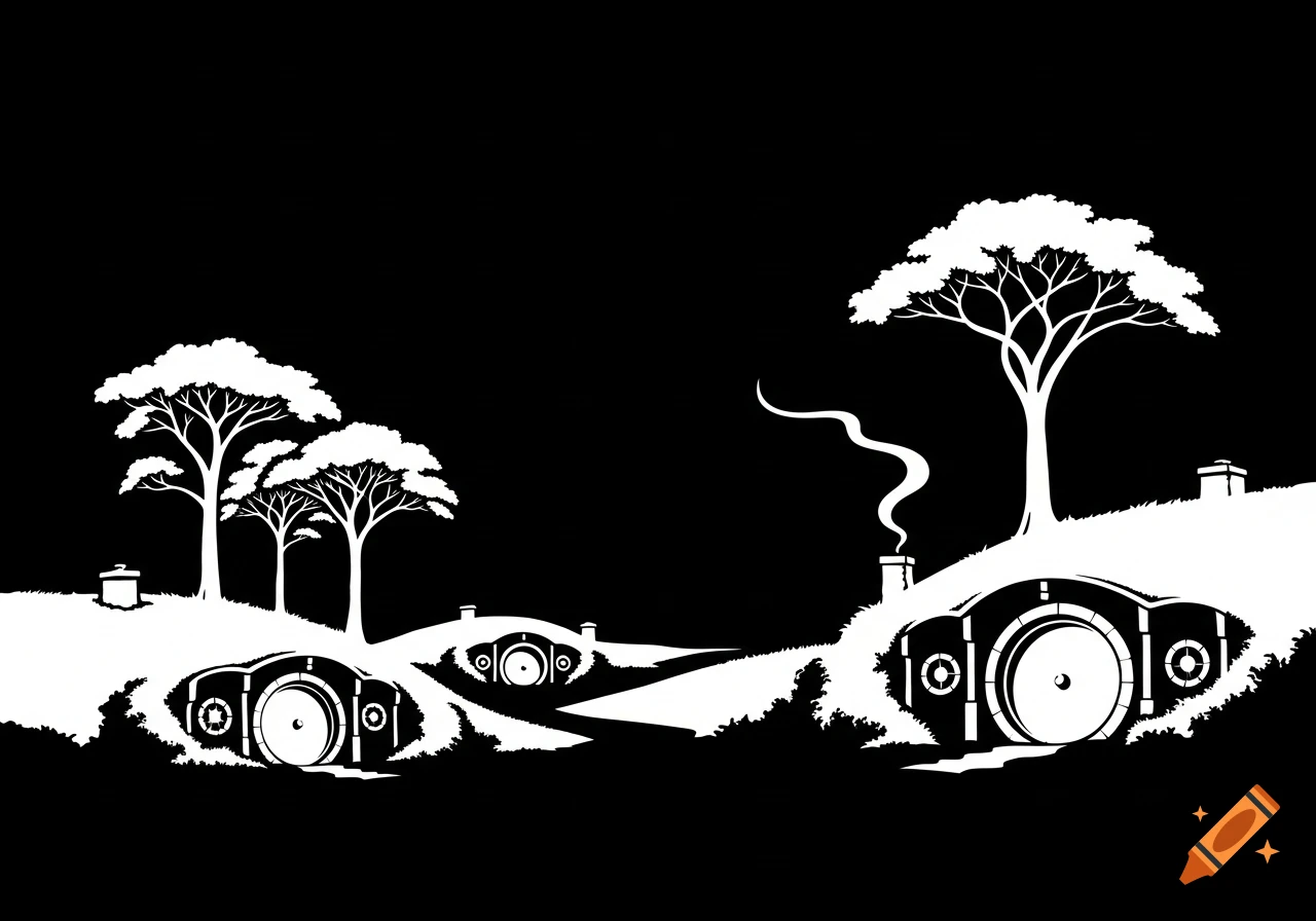 A white on black stencil silhouette of The Shire with hobbit holes, trees, and smoking chimneys.