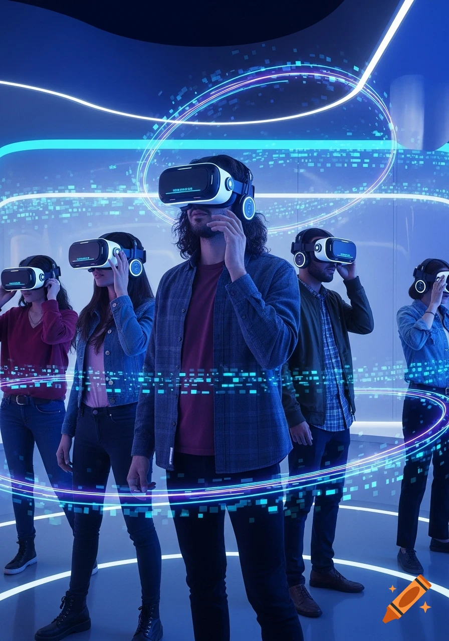 Five people wearing VR headsets in a blue-lit futuristic room with glowing lines and digital effects.