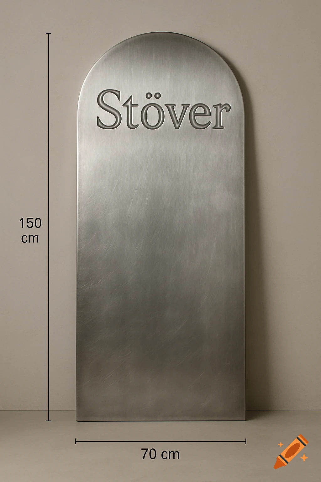 A vertical brushed metal plate, 150 cm tall and 70 cm wide, with rounded top corners, features the embossed name 'Stöver'.