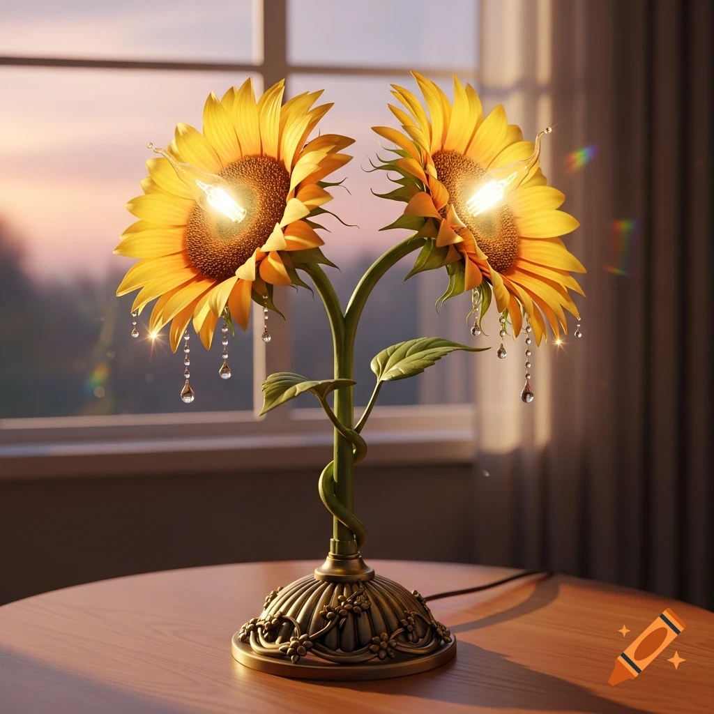 A photorealistic sunflower lamp with lightbulbs at the center of two sunflowers and crystal drops, on a wooden table near a window.