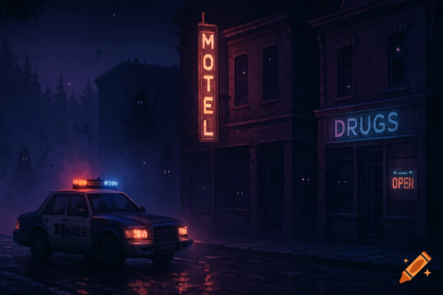 A dark pixel art cityscape at night with a police car, a neon motel sign, a "DRUGS" sign, and glowing eyes in the shadows.