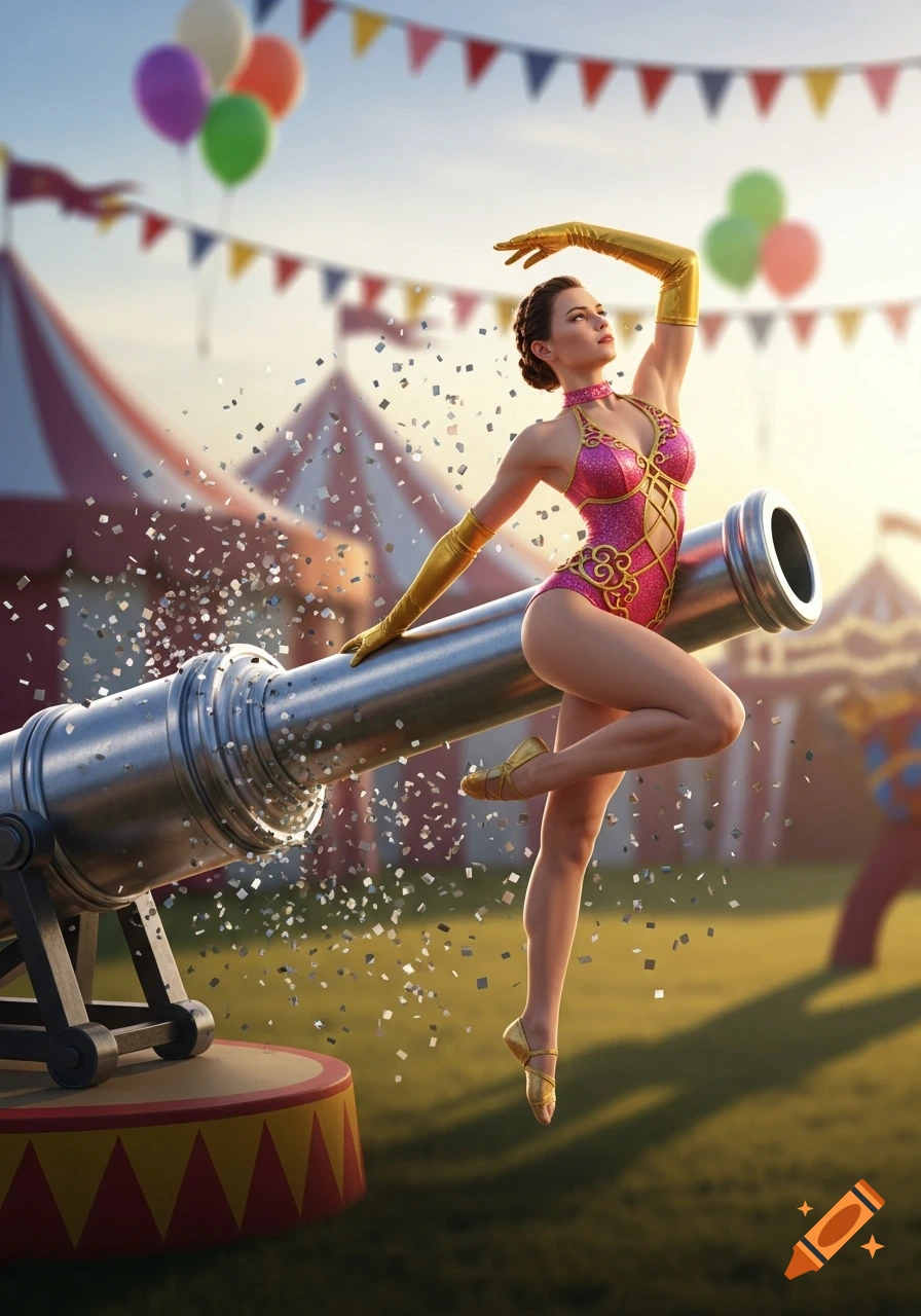 A woman in a pink leotard and gold gloves poses on a large metal circus cannon as confetti falls. A circus tent and balloons are in the background.