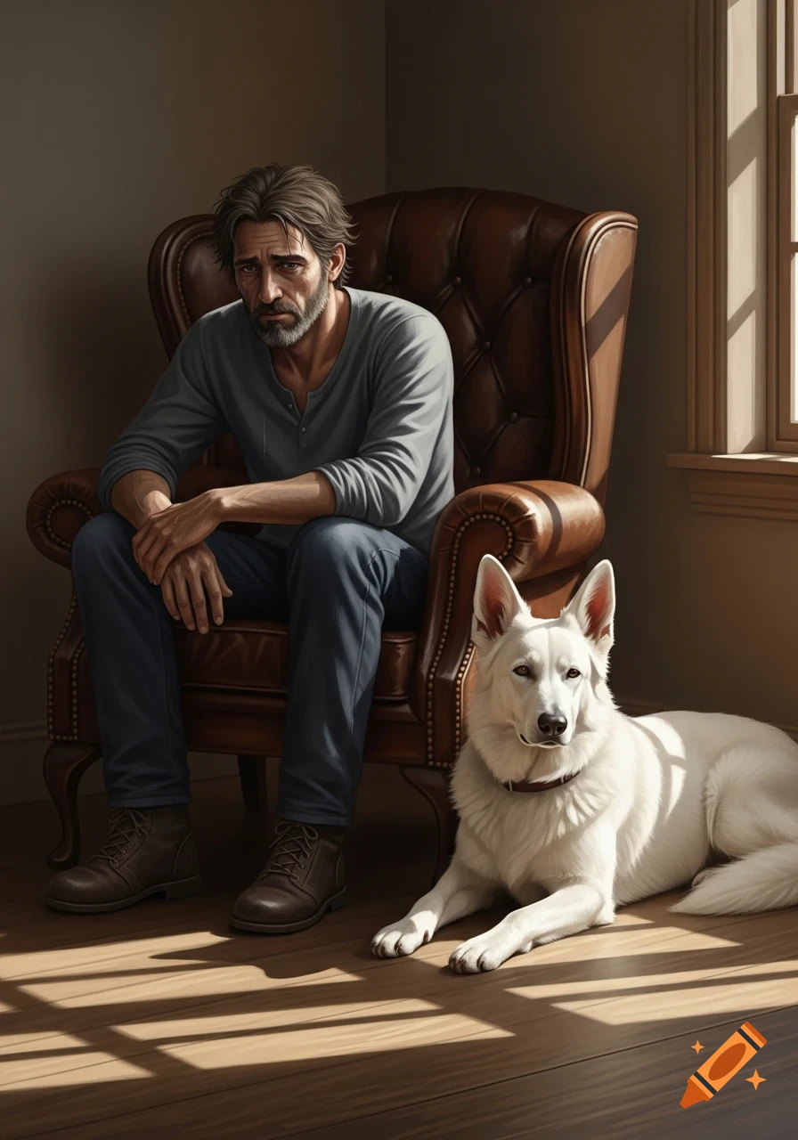 A sad man with a beard sits in a brown leather armchair, a white German Shepherd lies beside him on a sunlit wooden floor.