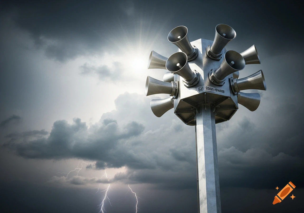 A large metallic tornado siren on a pole against a dramatic stormy sky with lightning bolts. Photorealistic style.