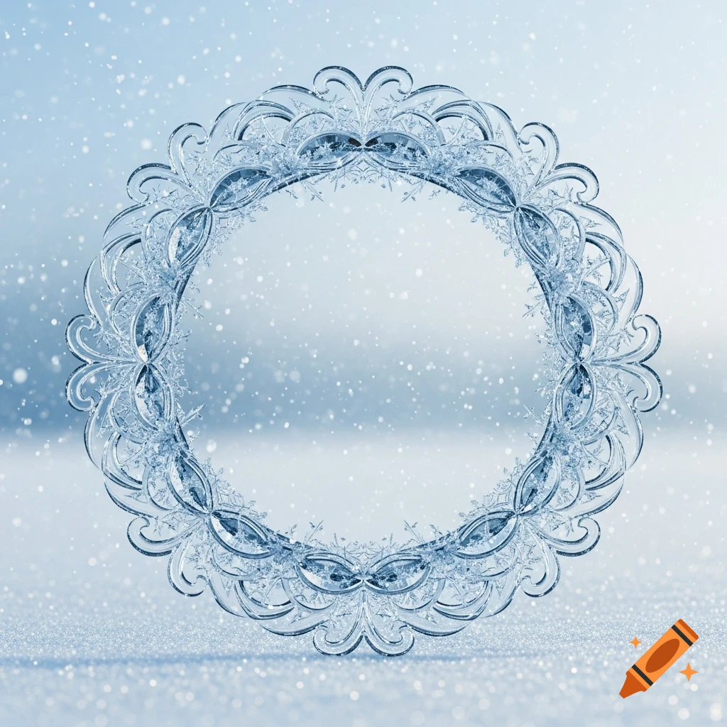 A round, ornate frosty ice frame against a snowy, light blue background with falling snowflakes.