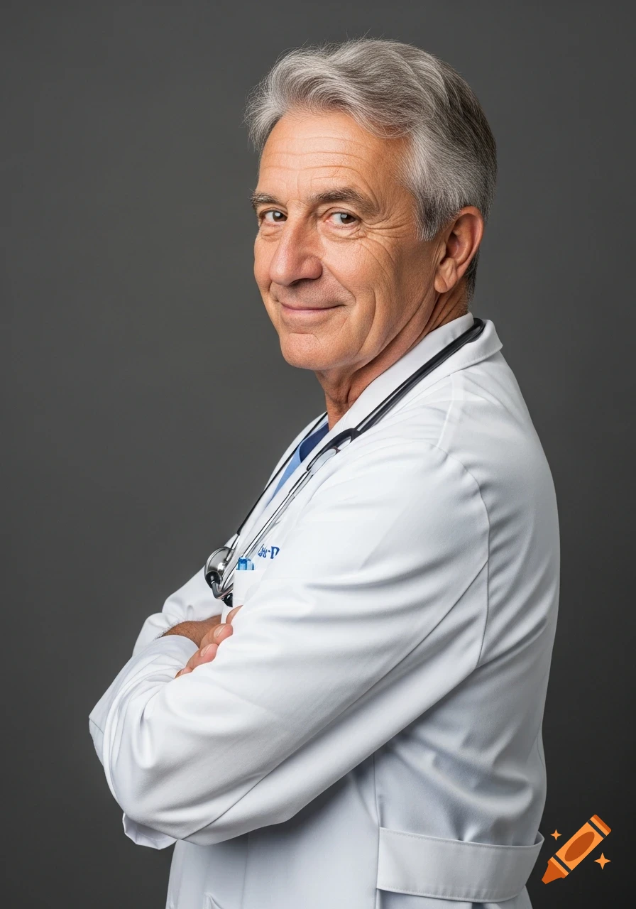 A smiling senior male doctor with gray hair and a white coat stands with crossed arms, looking over his shoulder at the viewer against a gray background.