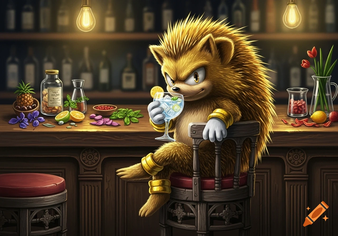 A golden, spiky hedgehog character from a video game sits on a stool at a dimly lit bar, holding a gin and tonic.
