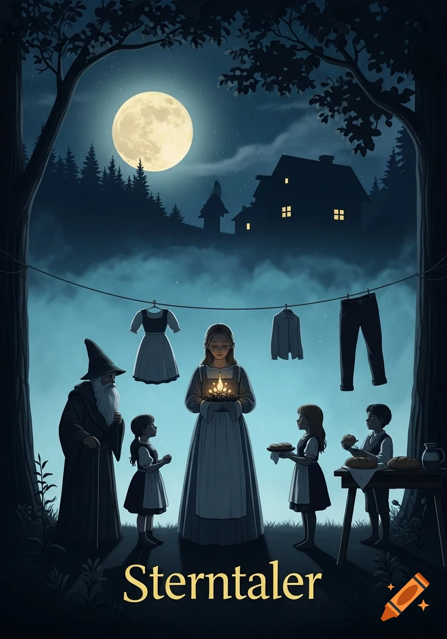 A fairytale illustration at night under a full moon, showing a woman with a glowing light, an old man, and children. Clothes dry on a line, with a house and forest in the background. Text 'Sterntaler'.
