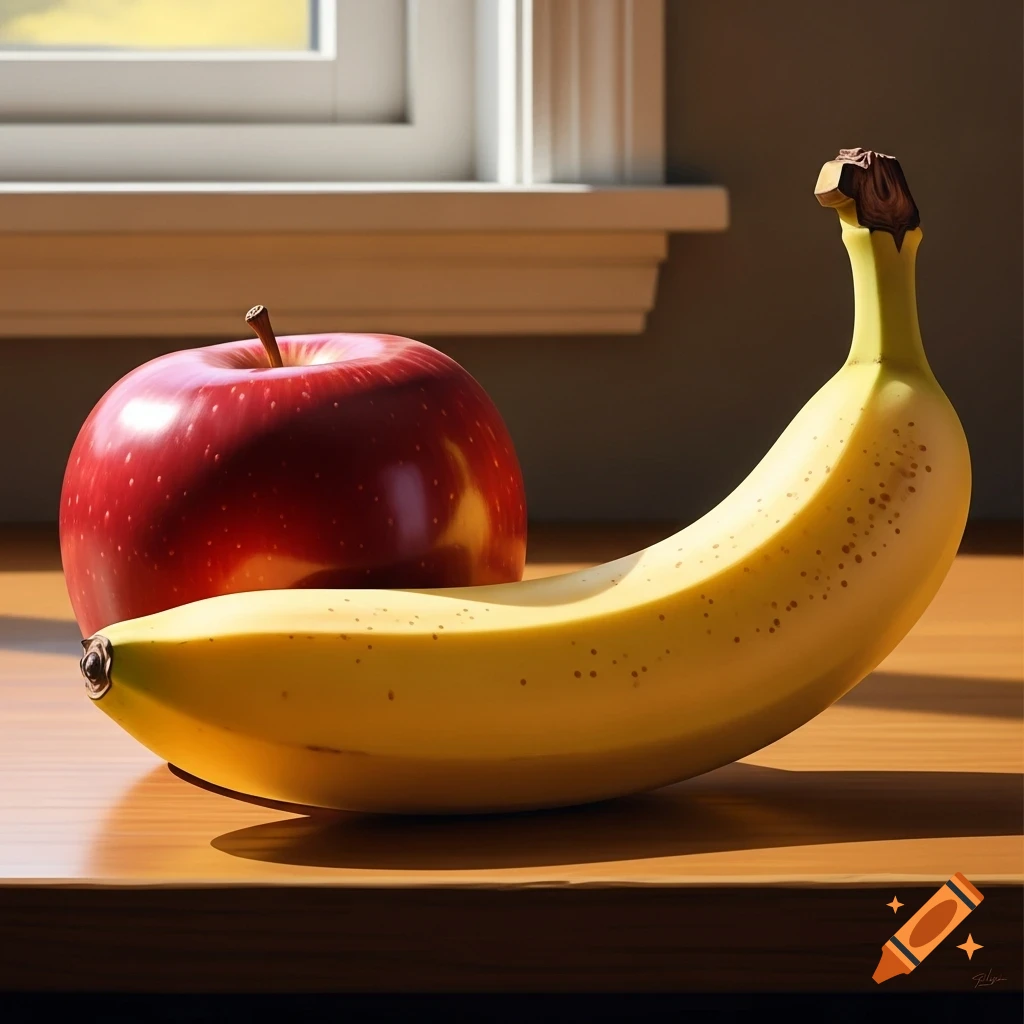 A photorealistic still life of a red apple and a yellow banana on a wooden table near a window, lit by sunlight.