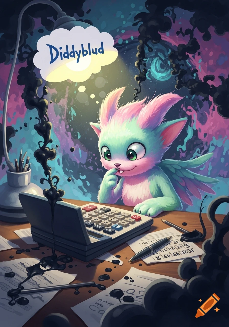 A cute, fluffy mint-green creature with pink ears and small wings contemplates a calculator on a desk, with black ink splatters and a thought bubble saying "Diddyblud" overhead, in a vibrant, colorful, whimsical style.