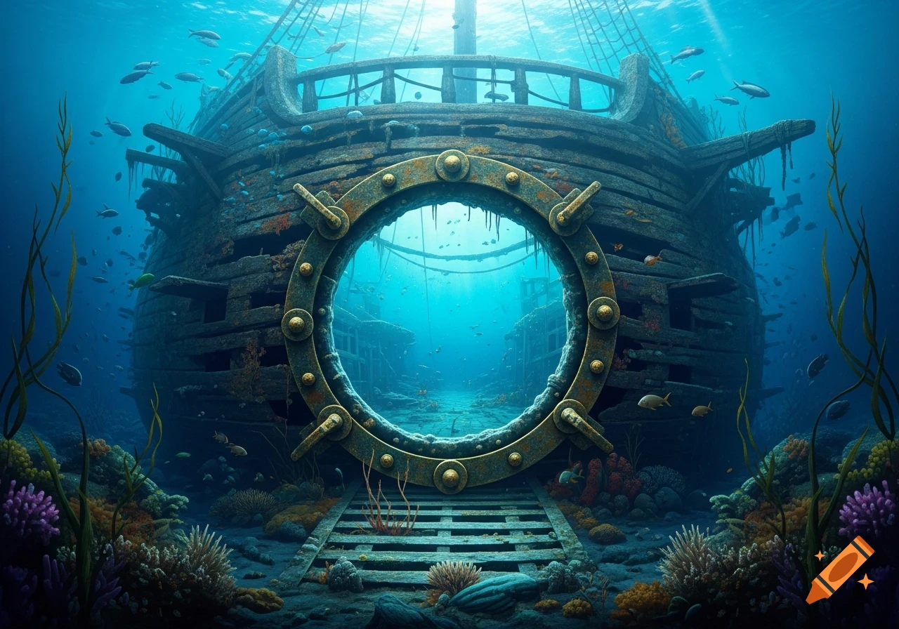 A grand sunken pirate ship with a huge, rusty porthole in its hull, surrounded by vibrant coral reefs and swimming fish in clear blue water.