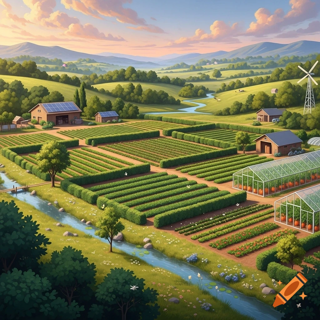 Stylized aerial view of a vibrant farm with cultivated fields, barns, greenhouses, a winding river, and rolling green hills.