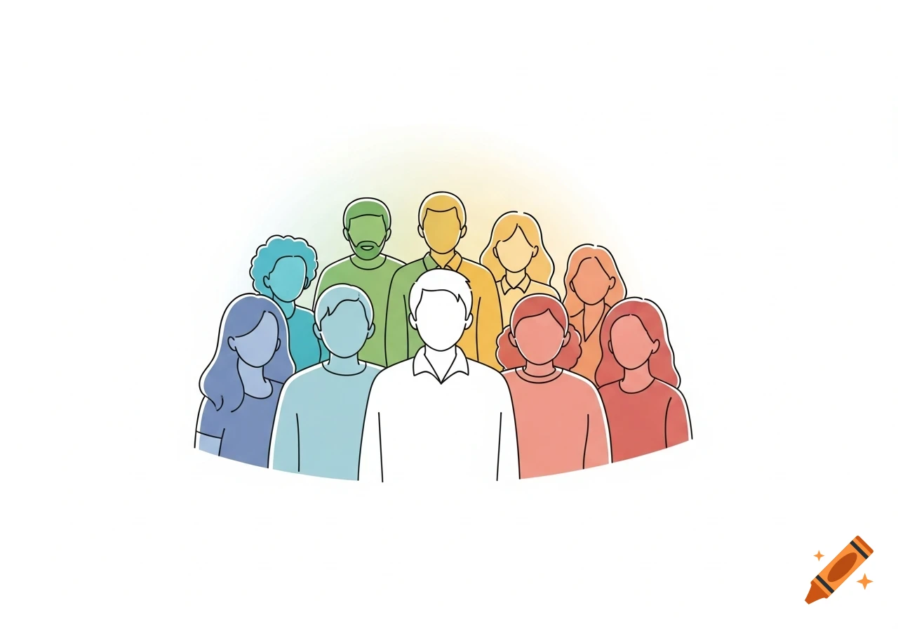 Simple line art illustration of a diverse group of people with varied colors, symbolizing community.