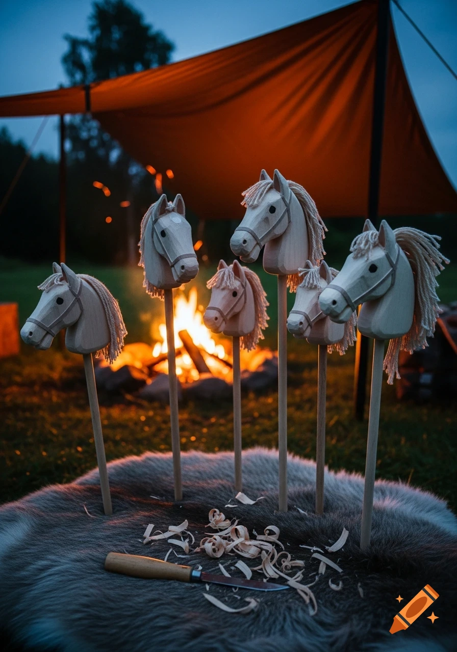 Roughly carved wooden hobby horse heads on sticks, wood shavings, and a carving knife on an animal fur rug by a campfire under a canvas tarp at dusk.