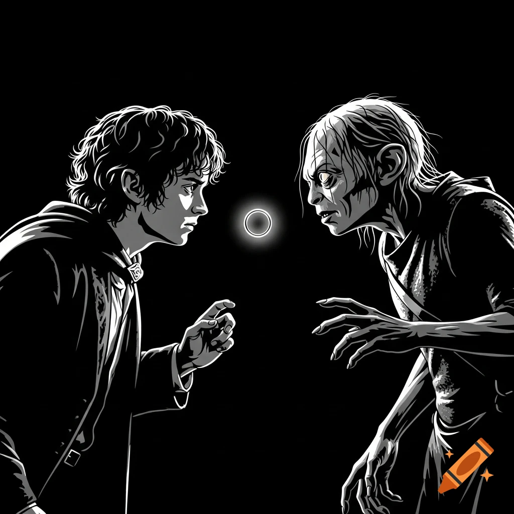 Frodo Baggins and Gollum face off, reaching for the glowing One Ring in a black and white graphic novel style.