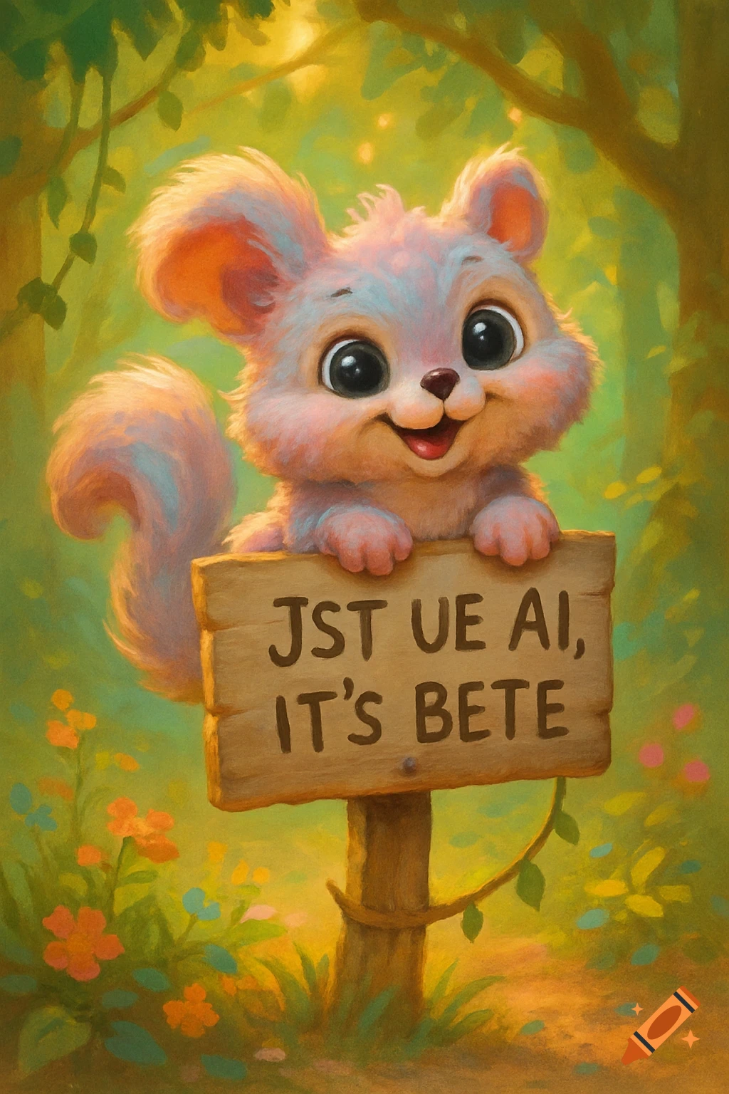 A cute, fluffy, pastel-colored creature with big eyes smiles while holding a wooden sign with intentionally misspelled text in a vibrant forest.