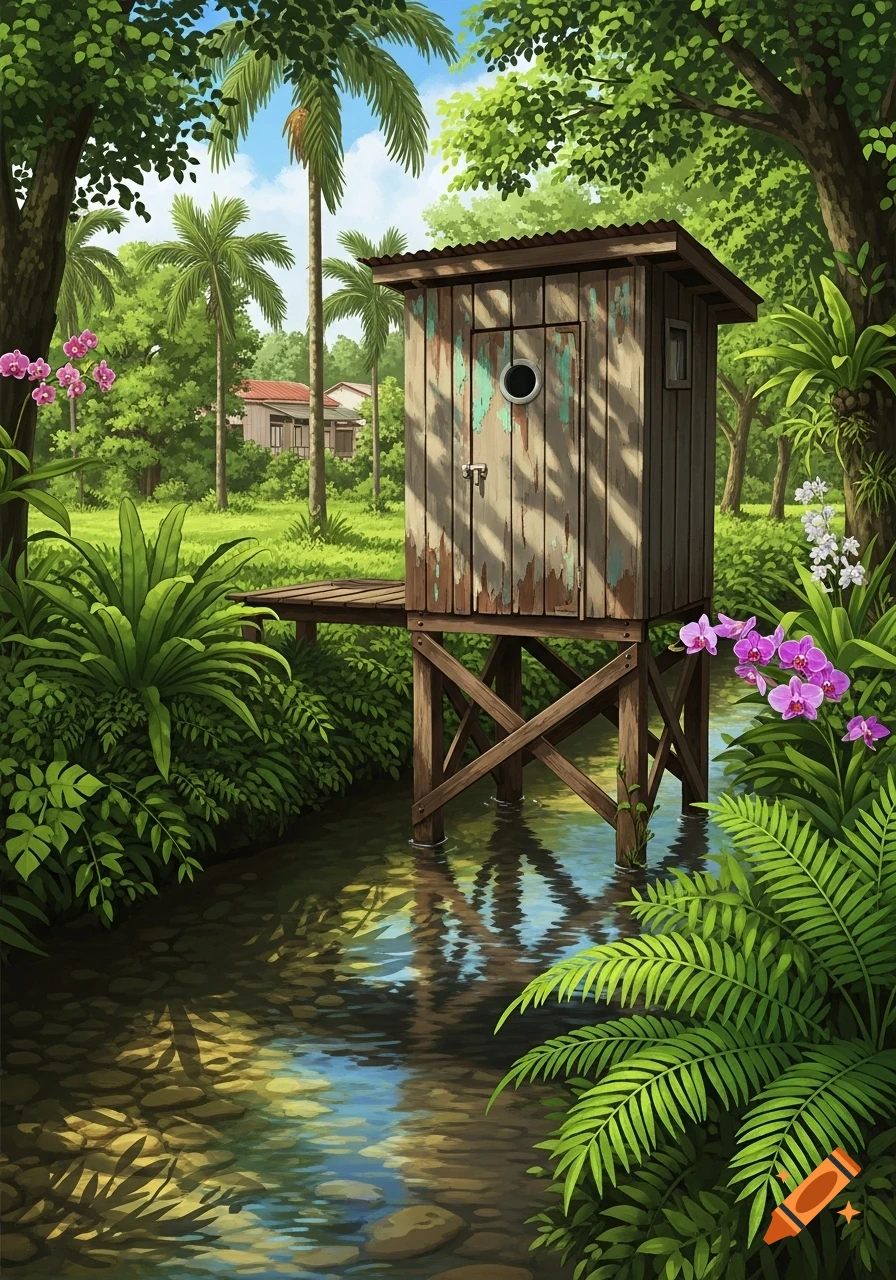 An illustration of a rustic wooden outhouse built over a clear stream, surrounded by lush tropical plants, ferns, and palm trees under a blue sky.