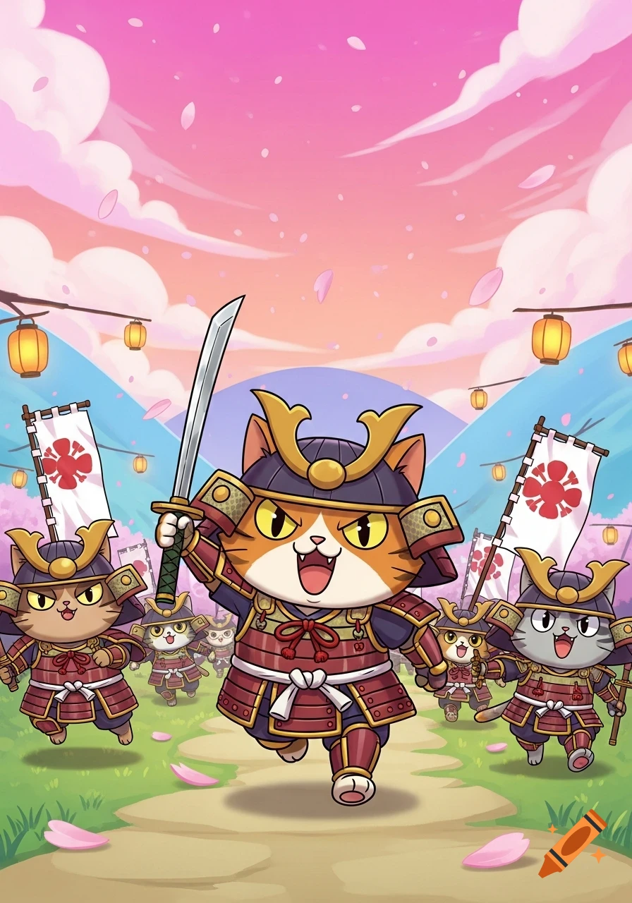A cartoon orange and white cat samurai holds a sword, leading other samurai cats through a path with cherry blossoms and lanterns.