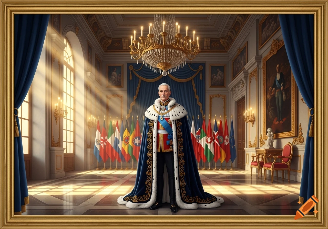 A man in ornate blue and white ceremonial robes stands in a grand, sunlit hall with a chandelier and a line of international flags.