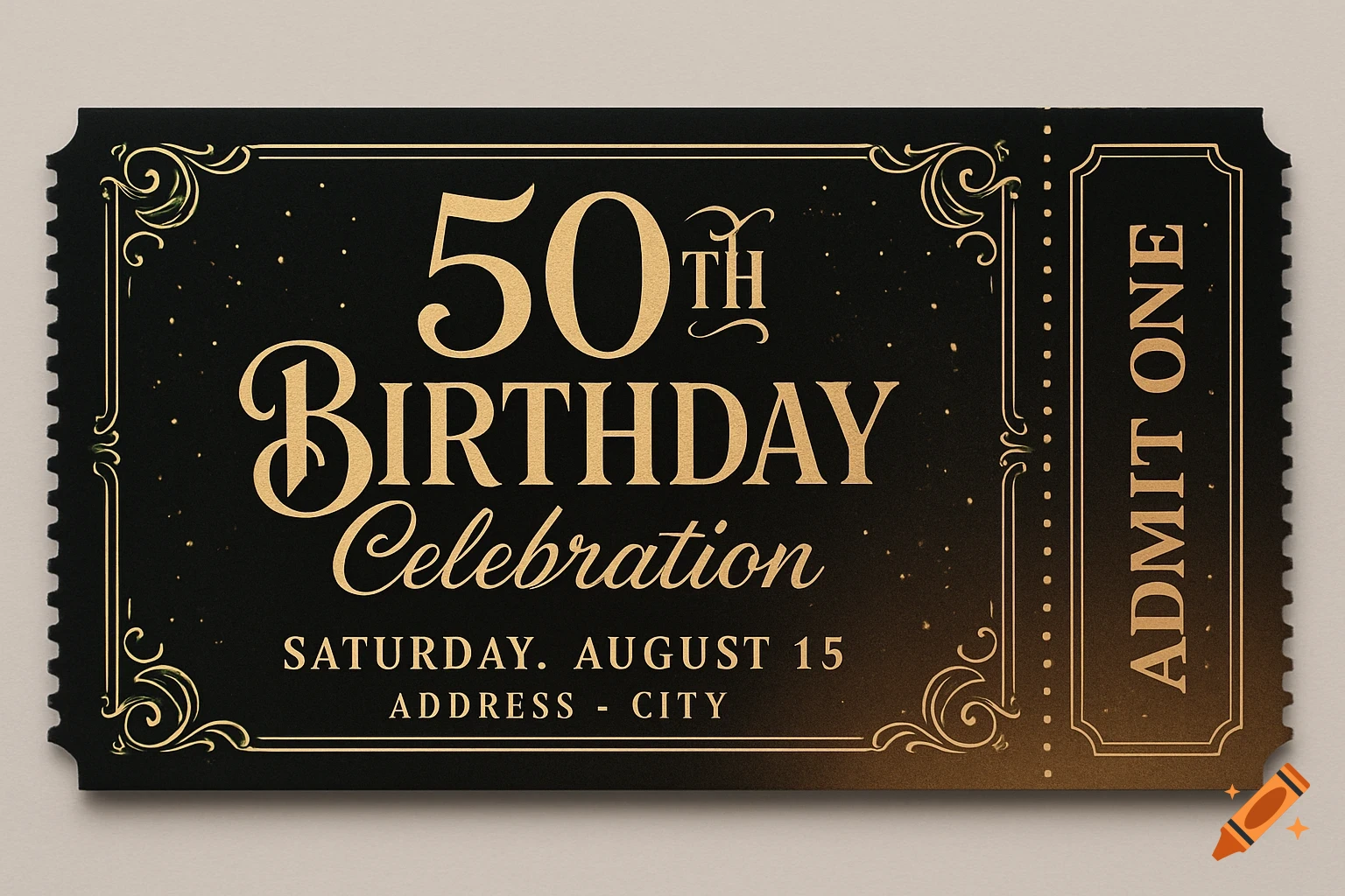 Vintage-style black and gold ticket invitation for a 50th Birthday Celebration, with event details.