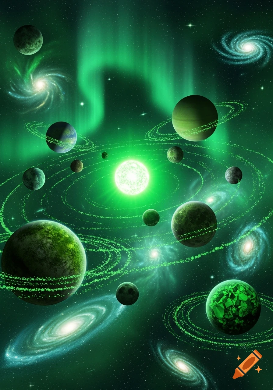 A vibrant green-themed solar system with multiple planets, spiral galaxies, a bright central star, and aurora-like formations.
