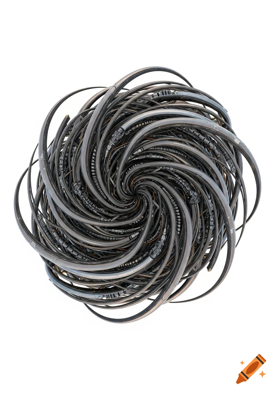 An abstract, high-detail spiral of metallic and organic tubes, twisting inwards against a white background.