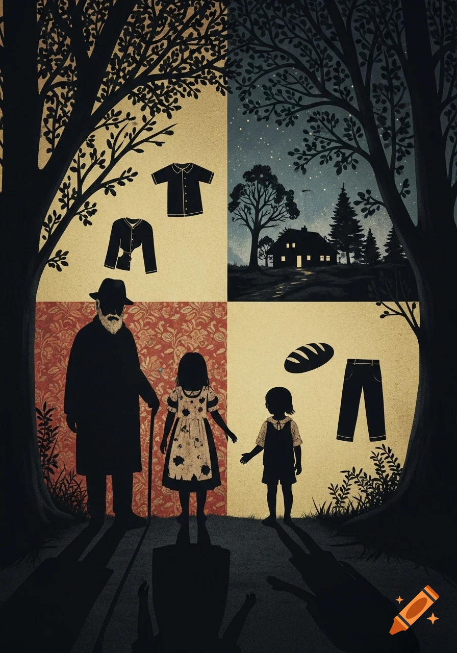 A four-panel illustration features silhouettes of an old man with a girl, clothes, a house at night, bread, and a young boy.