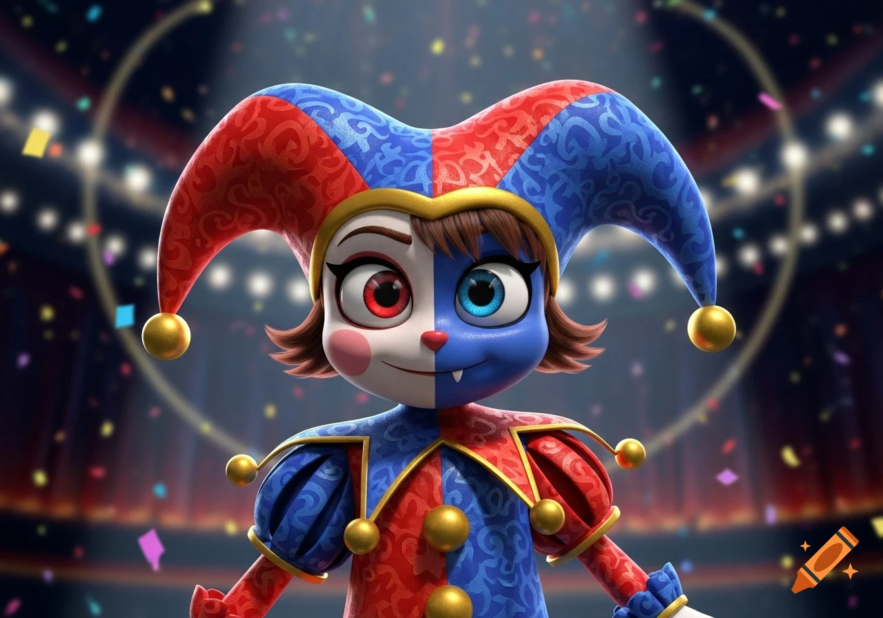An animated jester with a split white and blue face, red and blue eyes, wearing a matching jester hat and outfit.