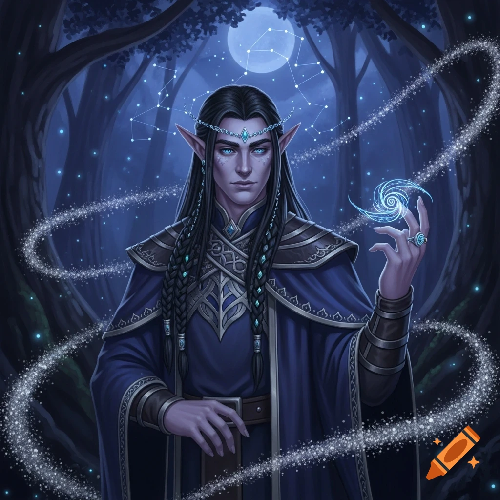 A mysterious elven sorcerer in a dark forest at night, with a constellation headpiece, glowing blue eyes, and casting a magical swirl.