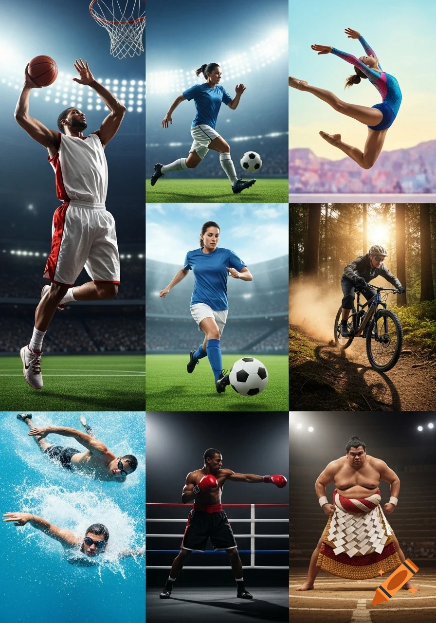 A collage showing athletes engaged in various sports, including basketball, soccer, gymnastics, mountain biking, swimming, boxing, and sumo wrestling.