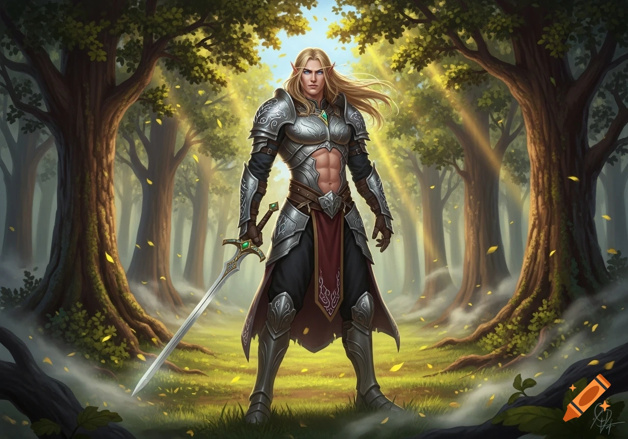 A detailed digital art rendering of a blond male half-elf fighter in silver armor, holding a sword, standing in a sunlit forest.