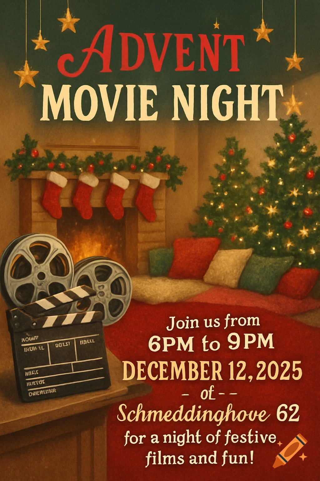 An Advent Movie Night invitation poster in a vintage, cozy Christmas style, featuring a fireplace with stockings, two Christmas trees, film reels, a clapperboard, and event details.