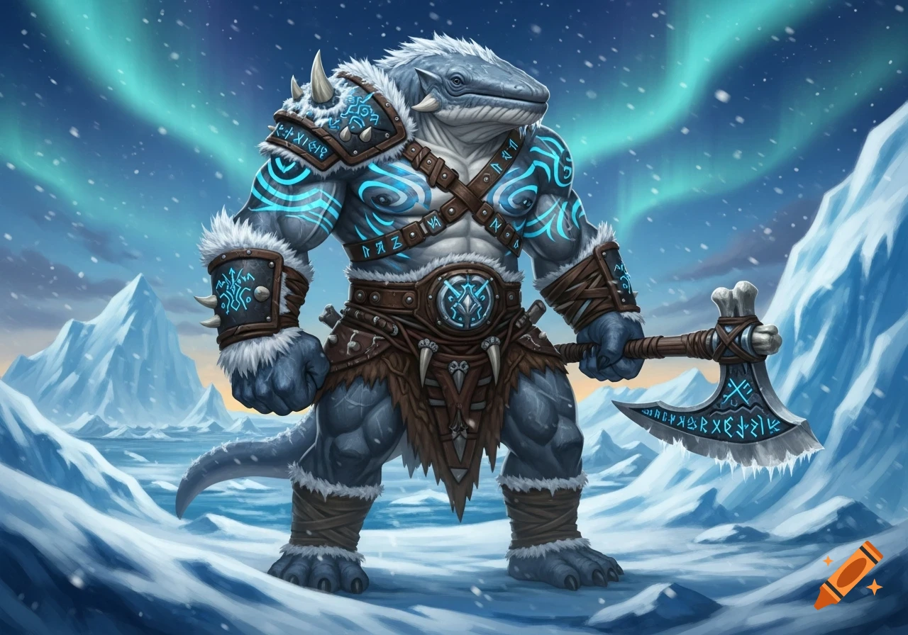 A powerful anthropomorphic baleen whale barbarian with glowing blue runes and fur armor, holding an axe, stands in a snowy arctic landscape under an aurora.