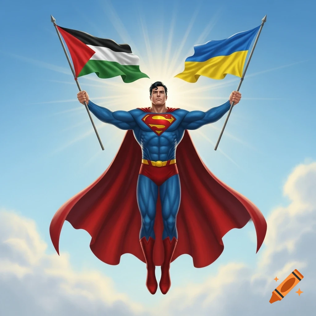 Superman flying in a sunny sky, holding the Palestinian flag in his left hand and the Ukrainian flag in his right.