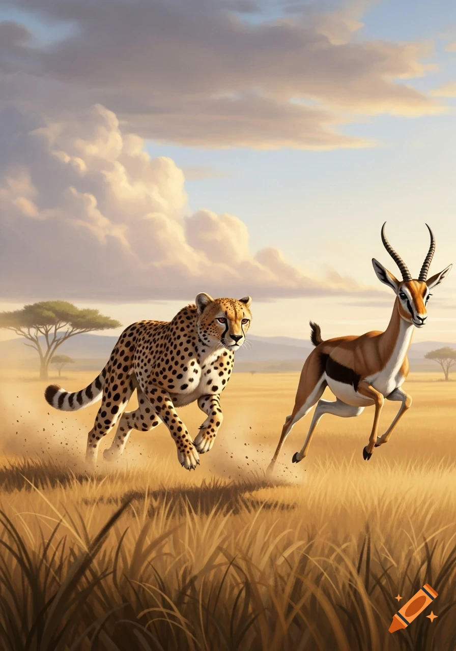 A cheetah chases a gazelle across a golden savannah under a cloudy sky, kicking up dust in a detailed illustration.